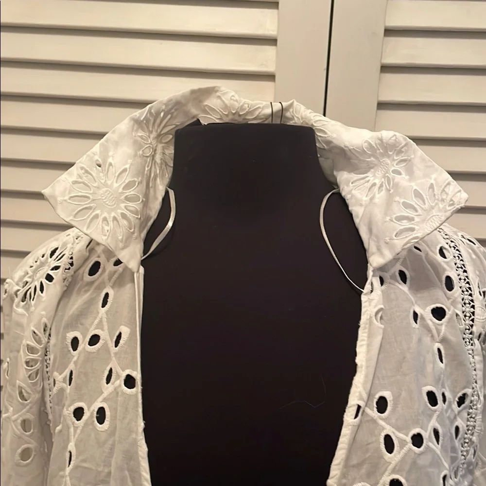 NWT  Zara White Eyelet Tie-Front Blouse long sleeve  cotton XL - Picture 8 of 12